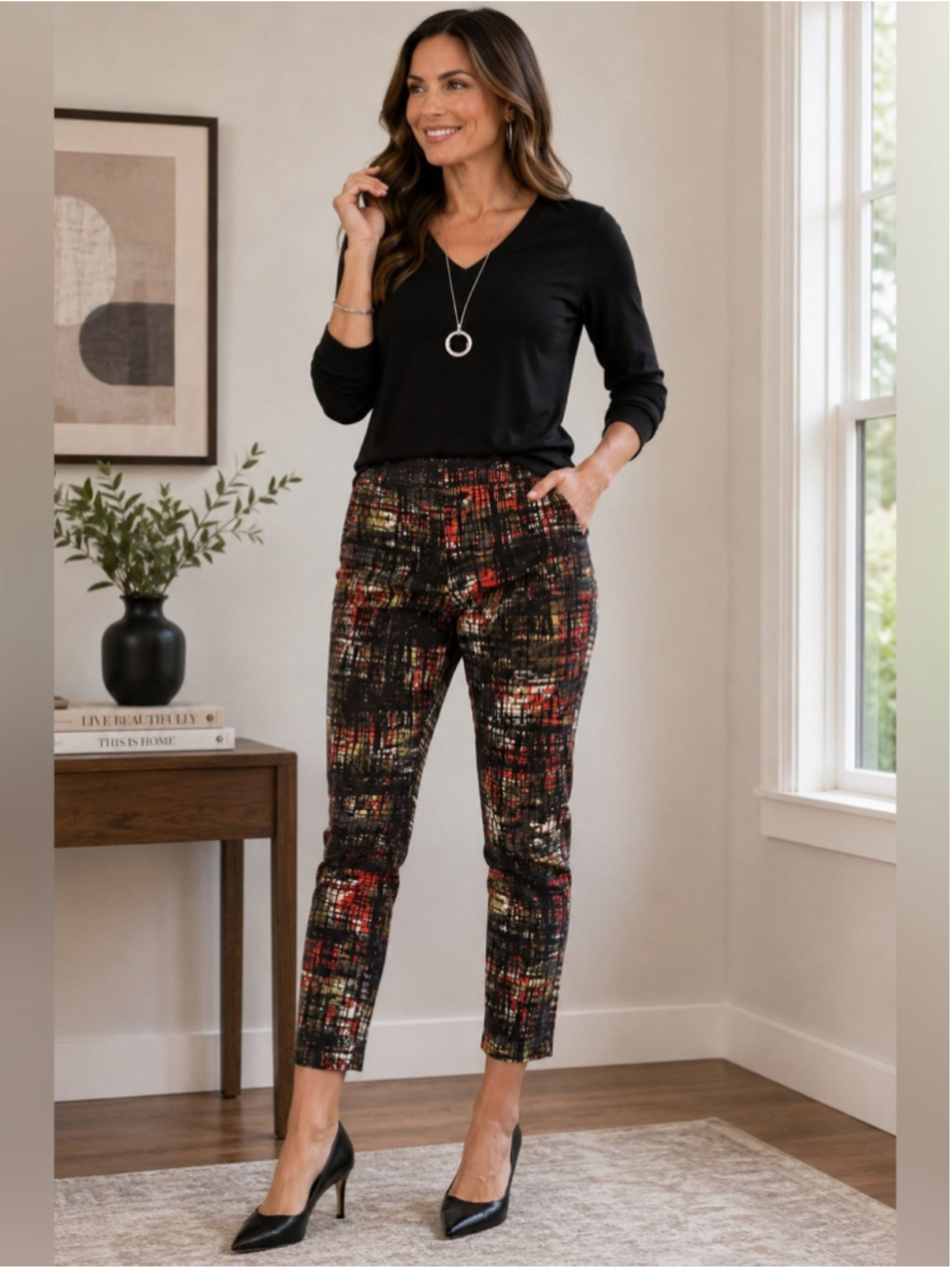 Joseph Ribkoff Abstract Print Slim Ankle Pants in Black Multi Size 6 Stretch